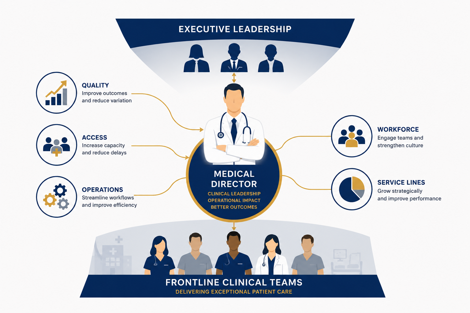 Physician medical director connecting executive leadership with clinical operations, quality improvement, workforce planning, and service line strategy in a modern healthcare illustration.