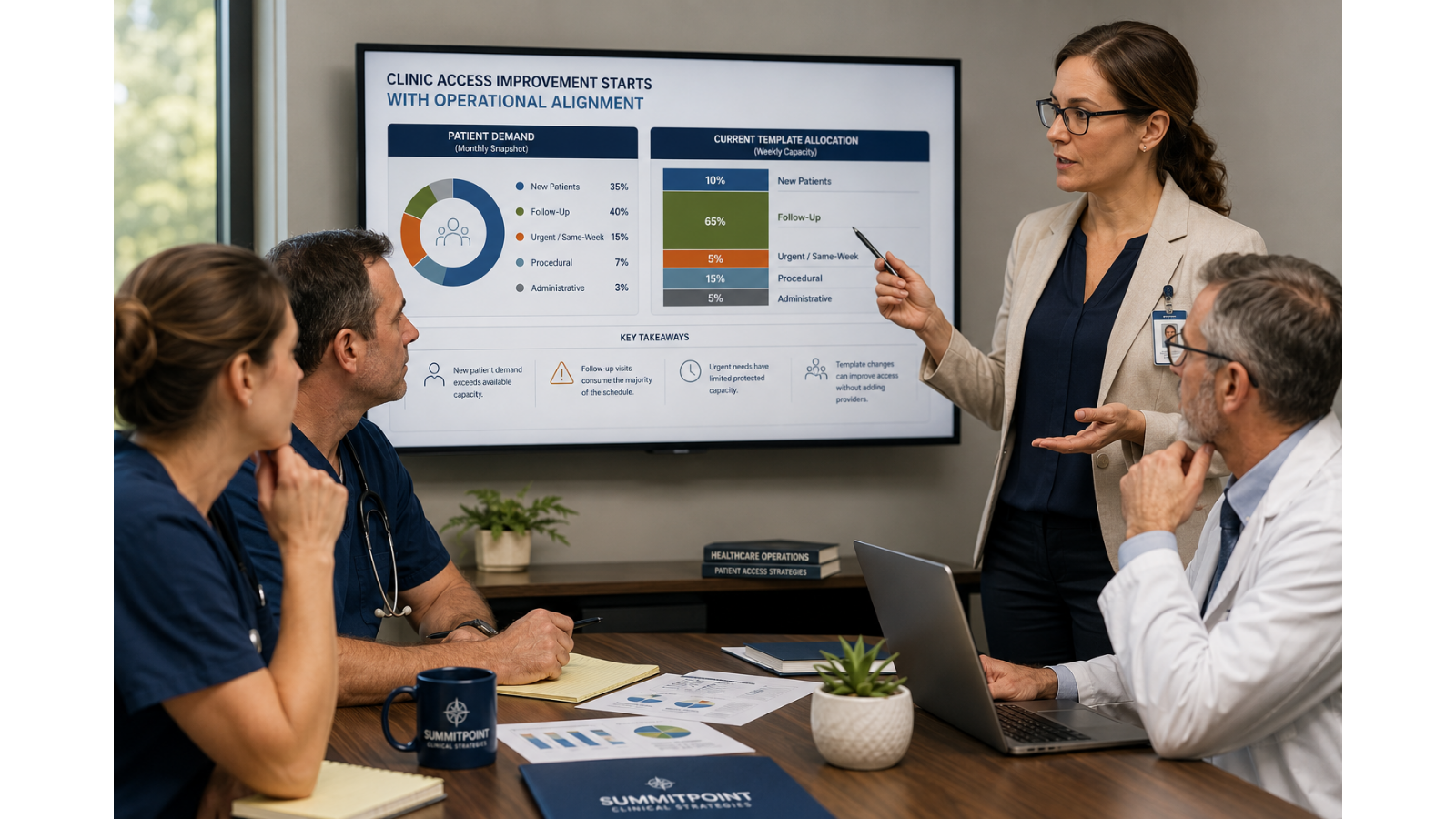 Healthcare leadership team reviewing clinic scheduling and patient demand data during an operational planning meeting to improve patient access and clinic efficiency.