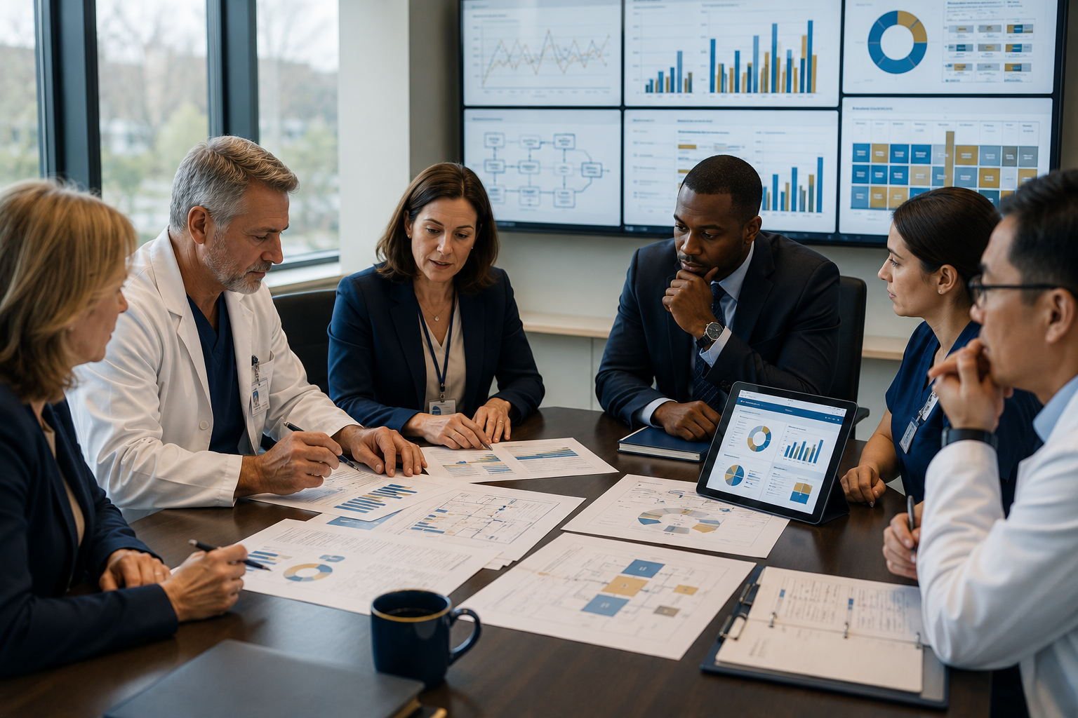 Community hospital leadership team collaborating to review operational dashboards, workforce data, patient flow metrics, and quality performance reports.