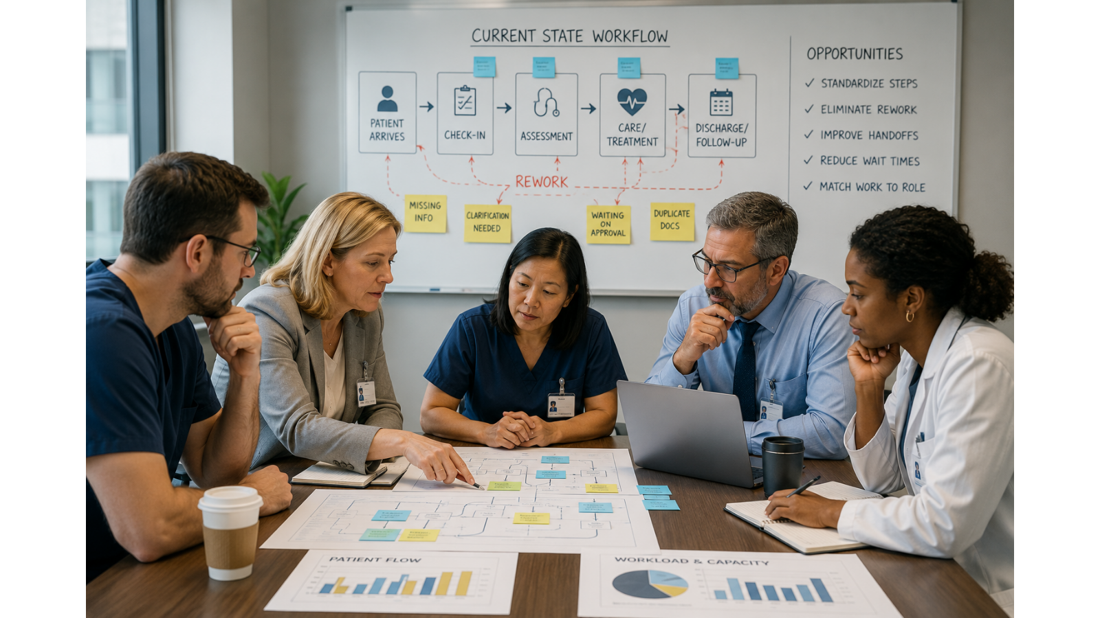 Multidisciplinary healthcare leadership team reviewing workflow maps, patient flow diagrams, and operational data during a process improvement meeting focused on identifying workflow bottlenecks before adding staff.
