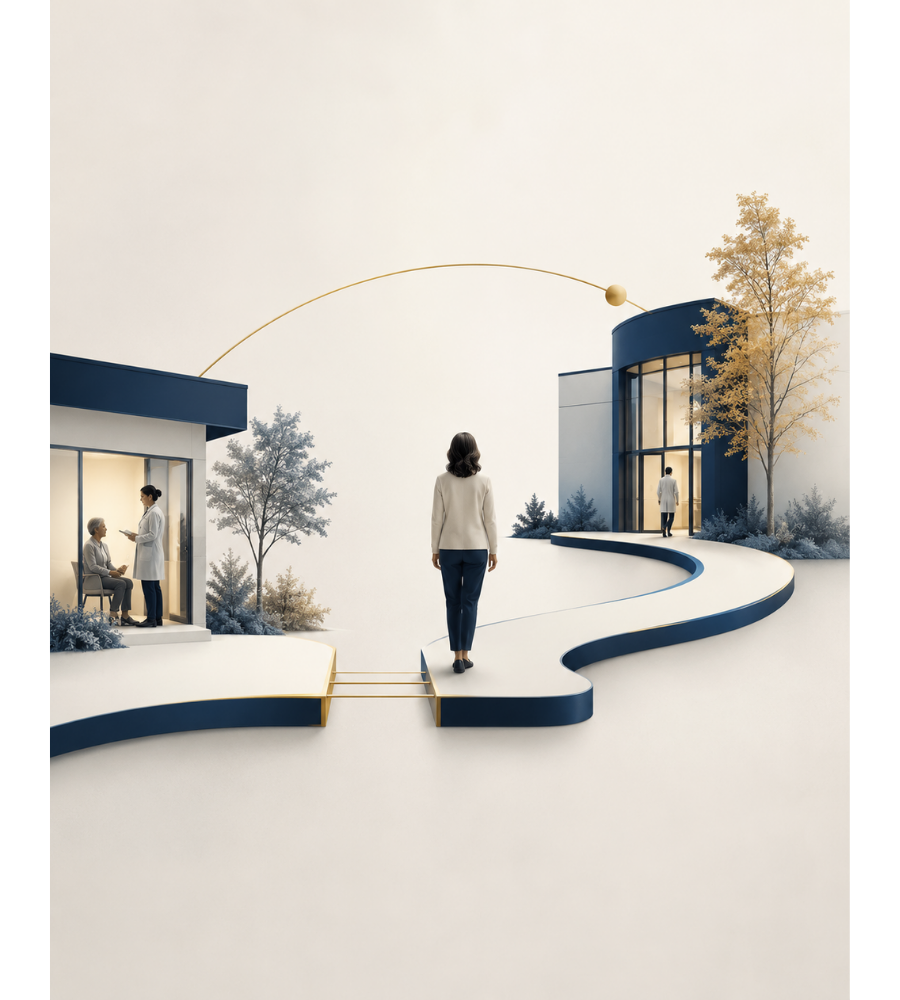 Editorial illustration of a patient pathway connecting primary and specialty care, with a gap in the pathway intentionally reconnected to represent closed-loop care coordination and referral follow-through.