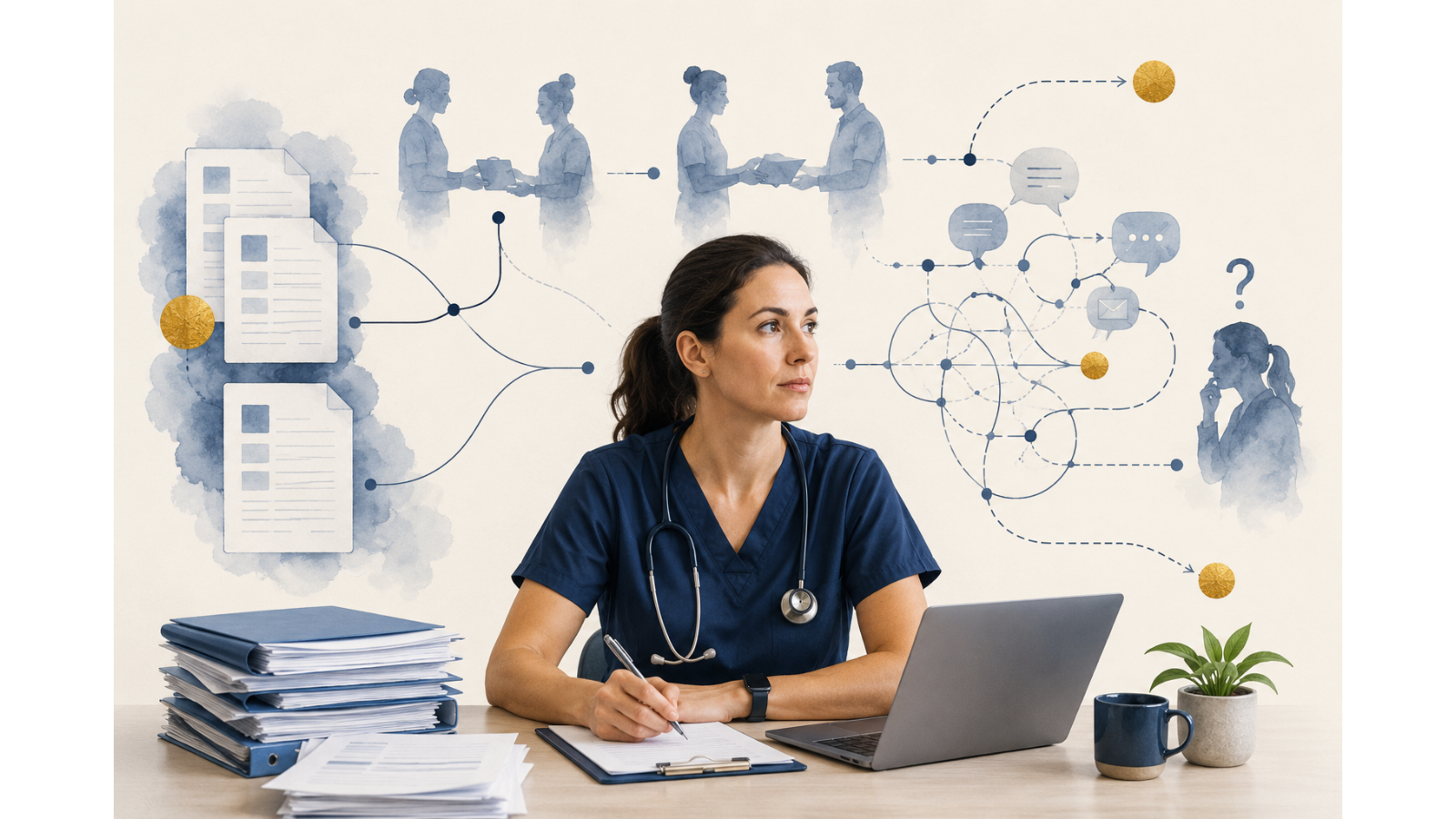 Nurse surrounded by documentation, handoffs, and fragmented communication pathways representing operational workflow burden
