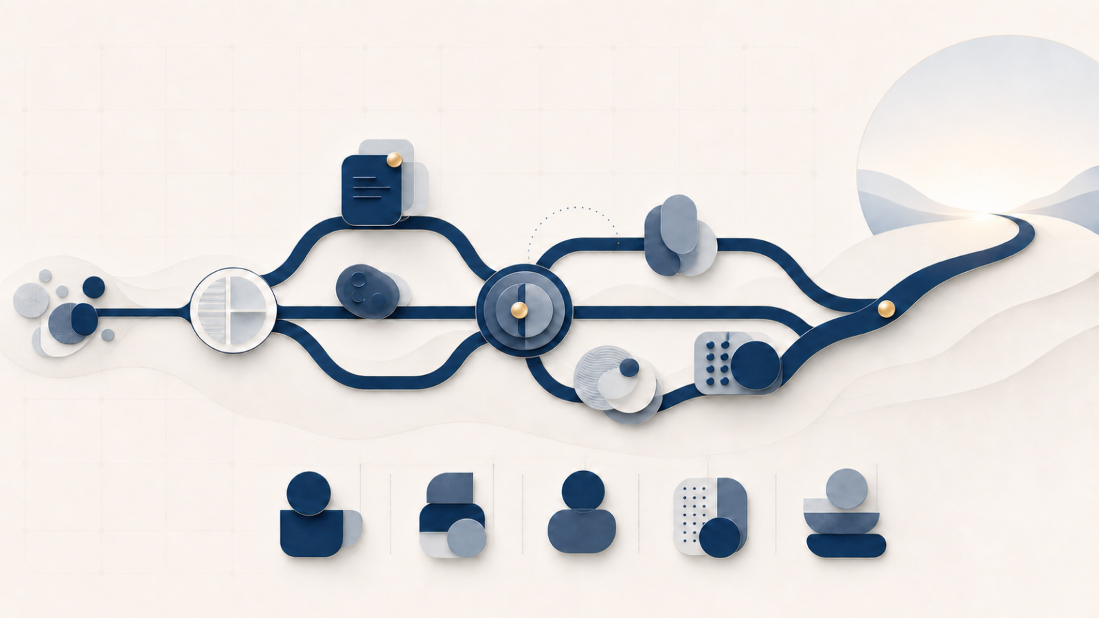 Abstract primary care workflow pathway showing appointments, triage, care-team roles, and timely patient access.